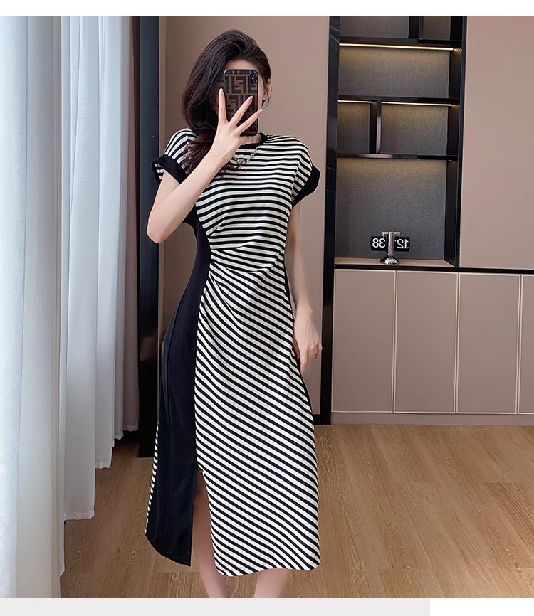 Đầm body sọc cổ phối phụ kiện cao cấp - glady g226 - đầm ôm body phối hoạ tiết sọc tôn dáng xinh