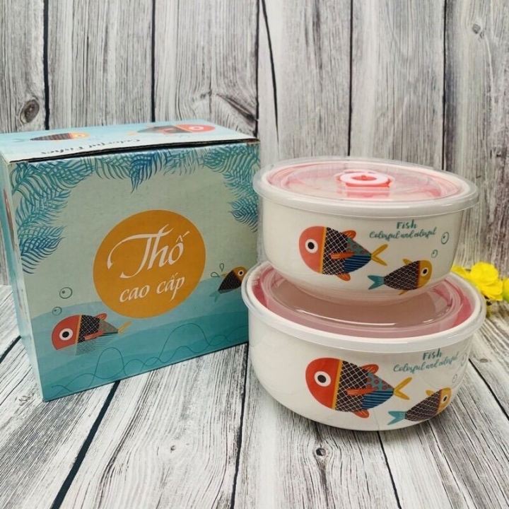 Bộ 2 thố sứ tô sứ nắp hút chân không - hoạ tiết ngẫu nhiên