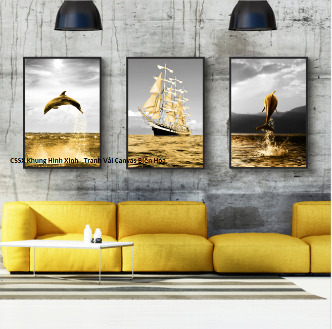 Bộ 3 Khung Tranh Treo Tường Nghệ Thuật In Canvas - Thuyền Buồm và Cá Heo - Kèm khung