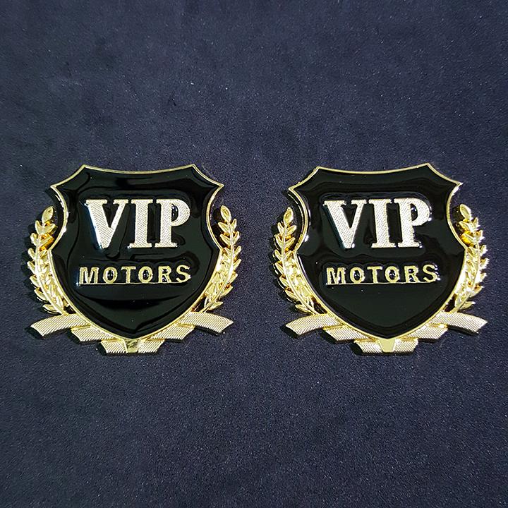 Bộ 2 miếng dán logo kim loại chữ nổi VIP MOTOR bông lúa