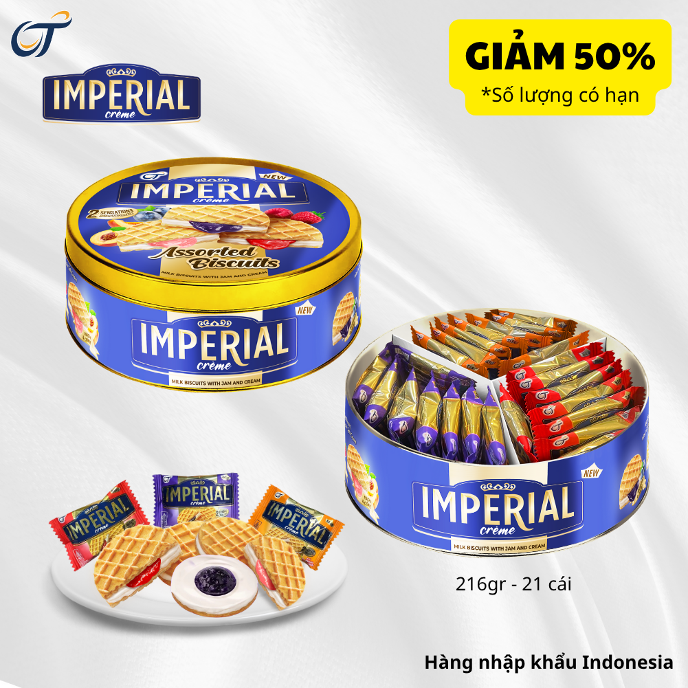 Giảm 50% _ Hộp thiếc Imperial 216g _ Date T2/26 _ Bánh Quy Imperial Nhân Kem Mứt Trái Cây Việt Quất, Mâm Xôi, Đào cao cấp _ Nhập Khẩu Trực Tiếp Indonesia