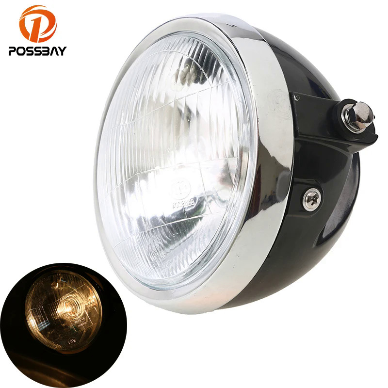 Possbay xe máy Đèn pha Vòng Moto đèn pha halogen xe máy 12V đầu ánh sáng cho Honda cg125 GN125 Suzuki Cafe racer đèn