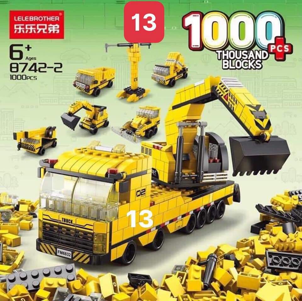 Bộ đồ chơi xếp hình, lắp ghép 1000 chi tiết- 6 trong 1: xe cảnh sát, xe cứu hỏa, xe cứu thương, xe xây dựng, tàu sân bay