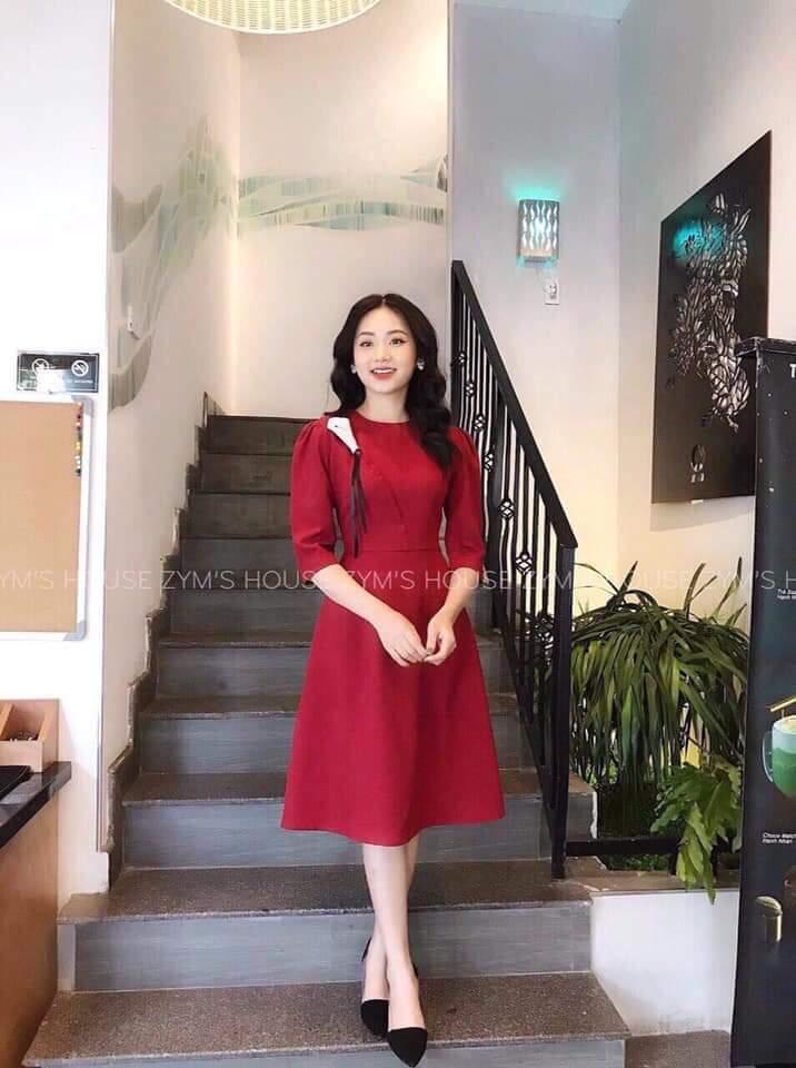 Đầm xòe cổ vest lai dập ly coton thái-ZOO