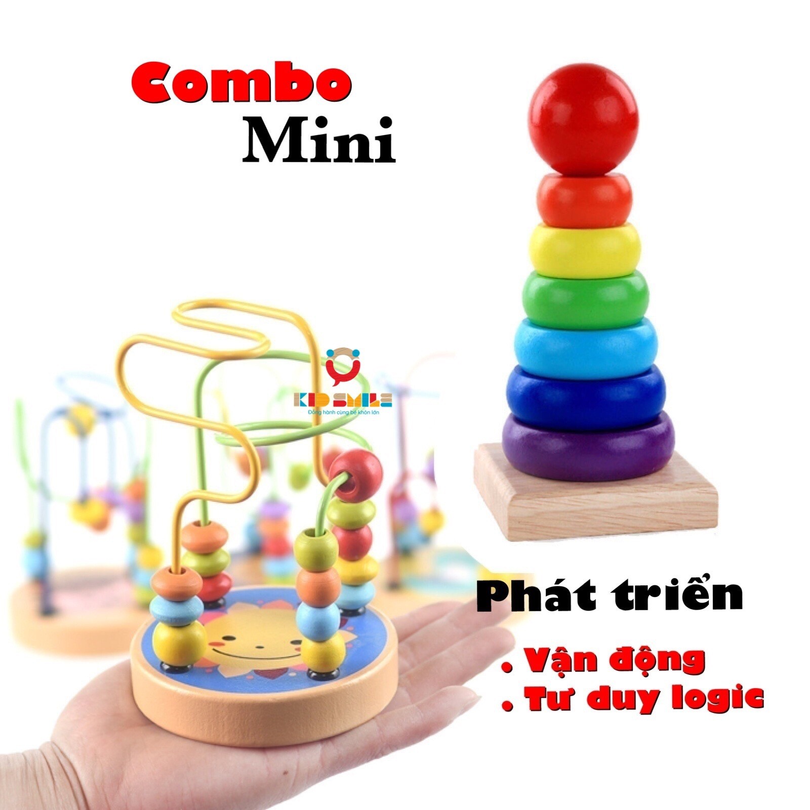 Đồ chơi gỗ giáo dục sớm trẻ em combo 2 sản phẩm xếp tháp cầu vồng và luồn hạt mini size cho bé từ 1 tuổi trở lên phát triển kỹ năng cơ bản