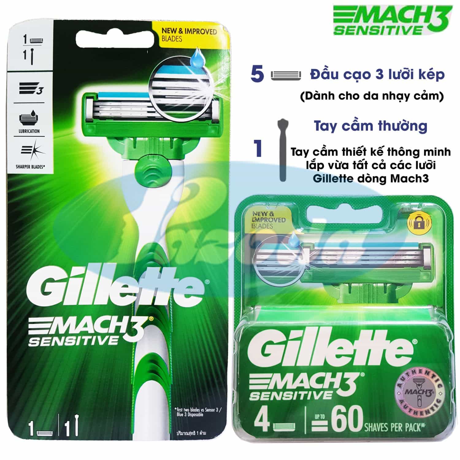 Bộ dao cạo râu 3 lưỡi Gillette Mach 3 sensitive (1 tay cầm và 5 đầu cạo)
