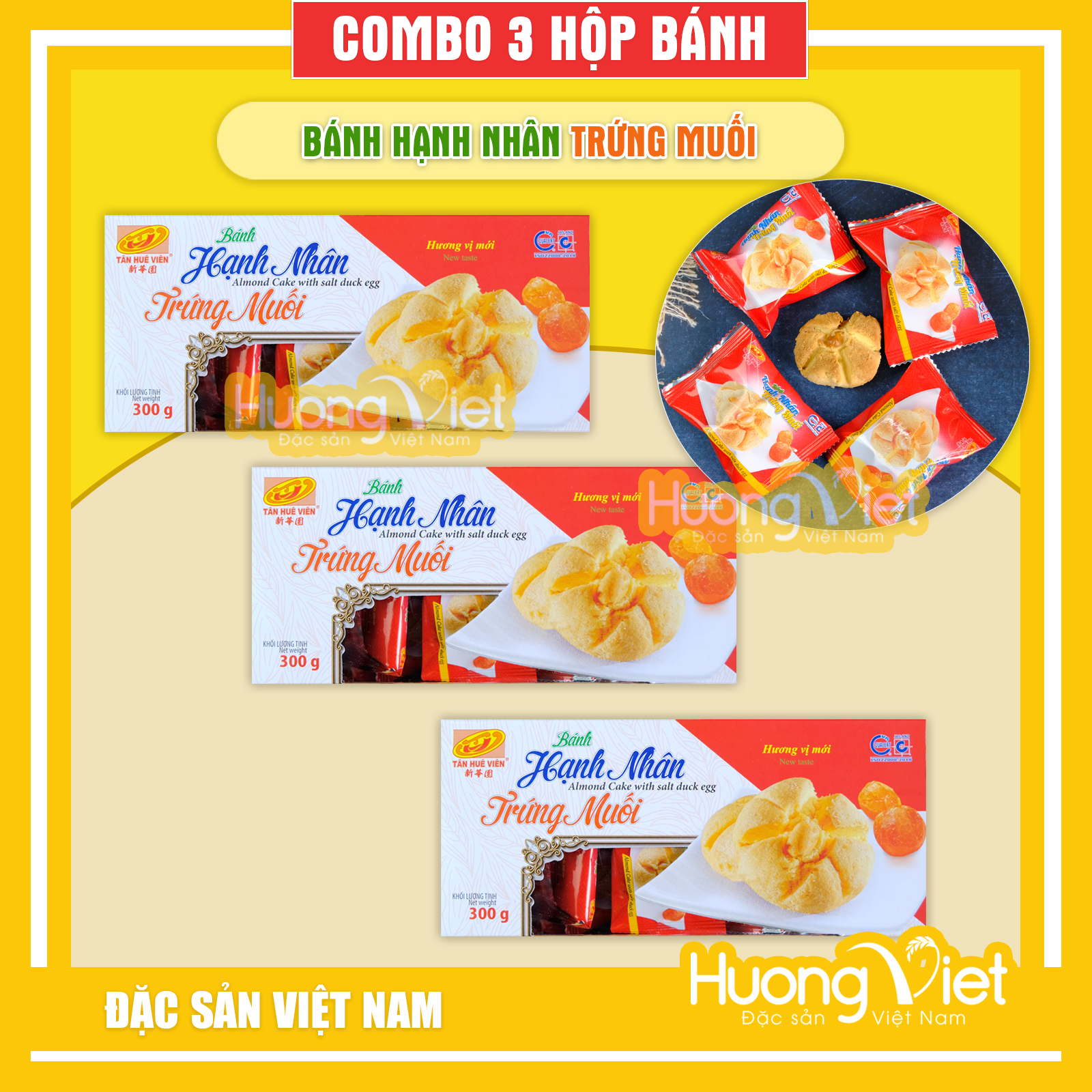 Combo 3 hộp bánh hạnh nhân trứng muối Tân Huê Viên 300gr, bánh kẹo Tết, đồ ăn vặt, bánh quy mặn