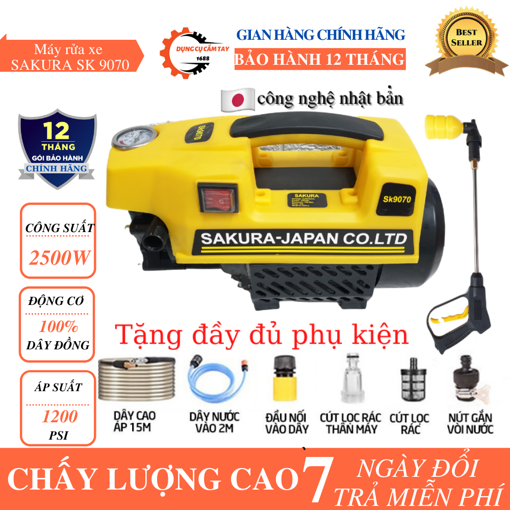 Máy rửa xe gia đình Sakura SK9070 - Máy rửa xe mini Sakura chính hãng -Máy xịt rửa ô tô xe máy Sakura SK9070