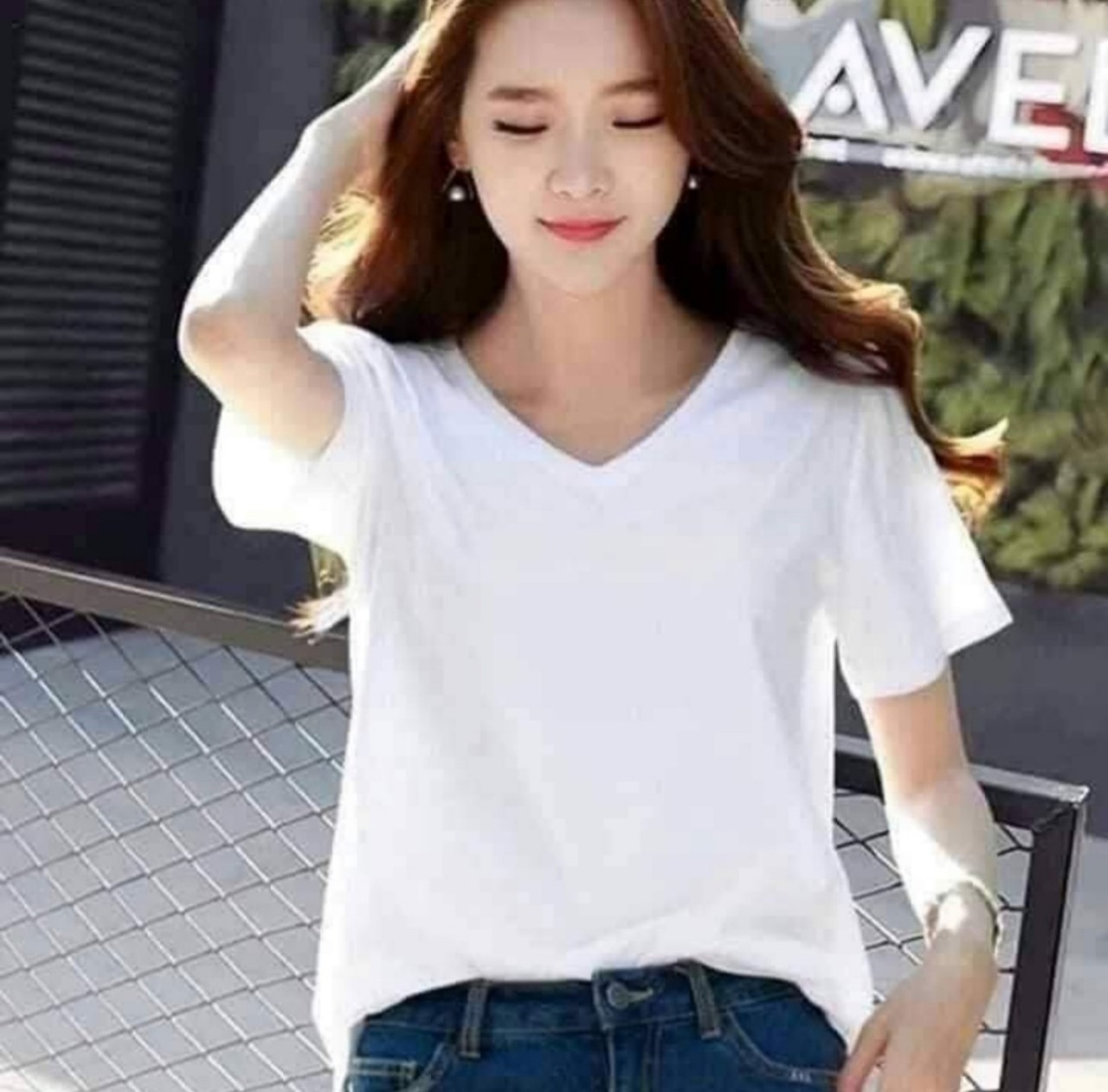 Áo thun cổ tim trơn áo thun nữ áo thun phom rộng