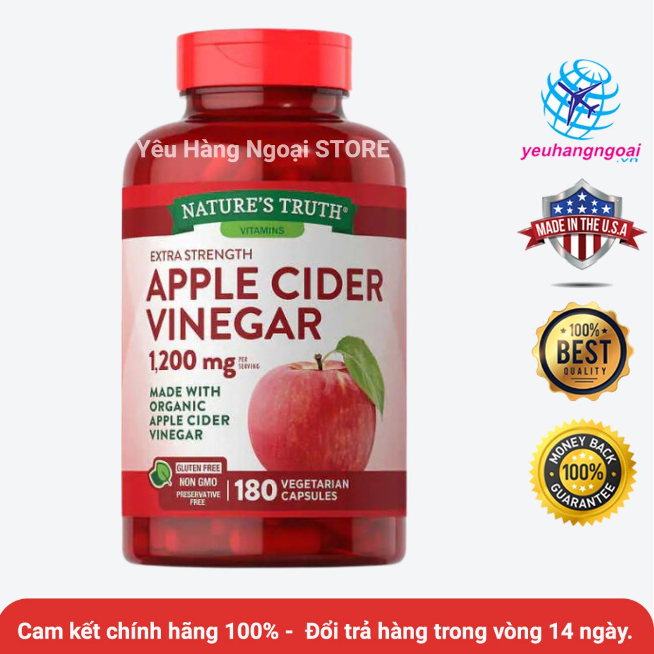 Viên uống giấm táo hữu cơ giảm cân Apple Cider Vinegar 1200mg 180 viên của Mỹ.