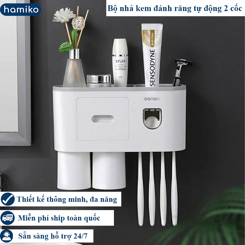 Kệ nhả kem đánh rắng thông minh 2 cốc, kệ nhả kem đánh răng dán tường đa năng- Hamiko