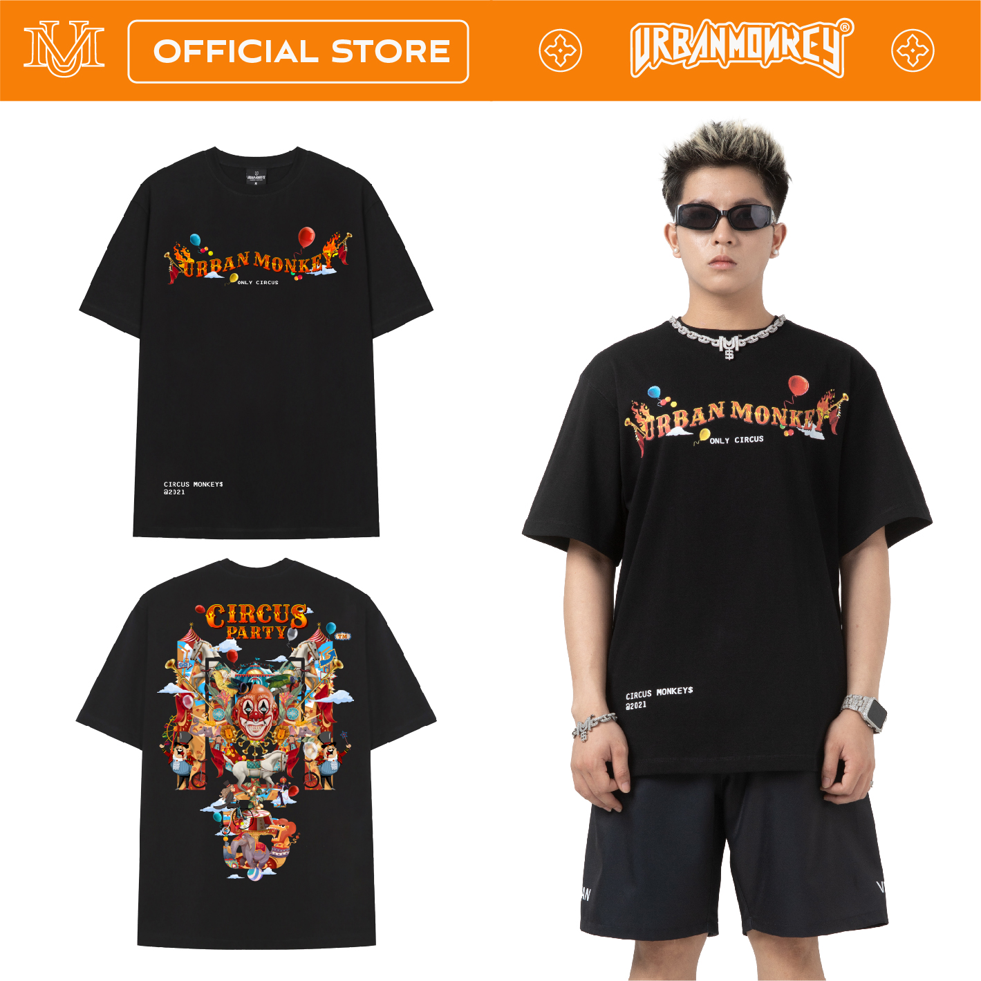 Áo thun urban monkey circus đen chất liệu cotton 100% thoáng mát