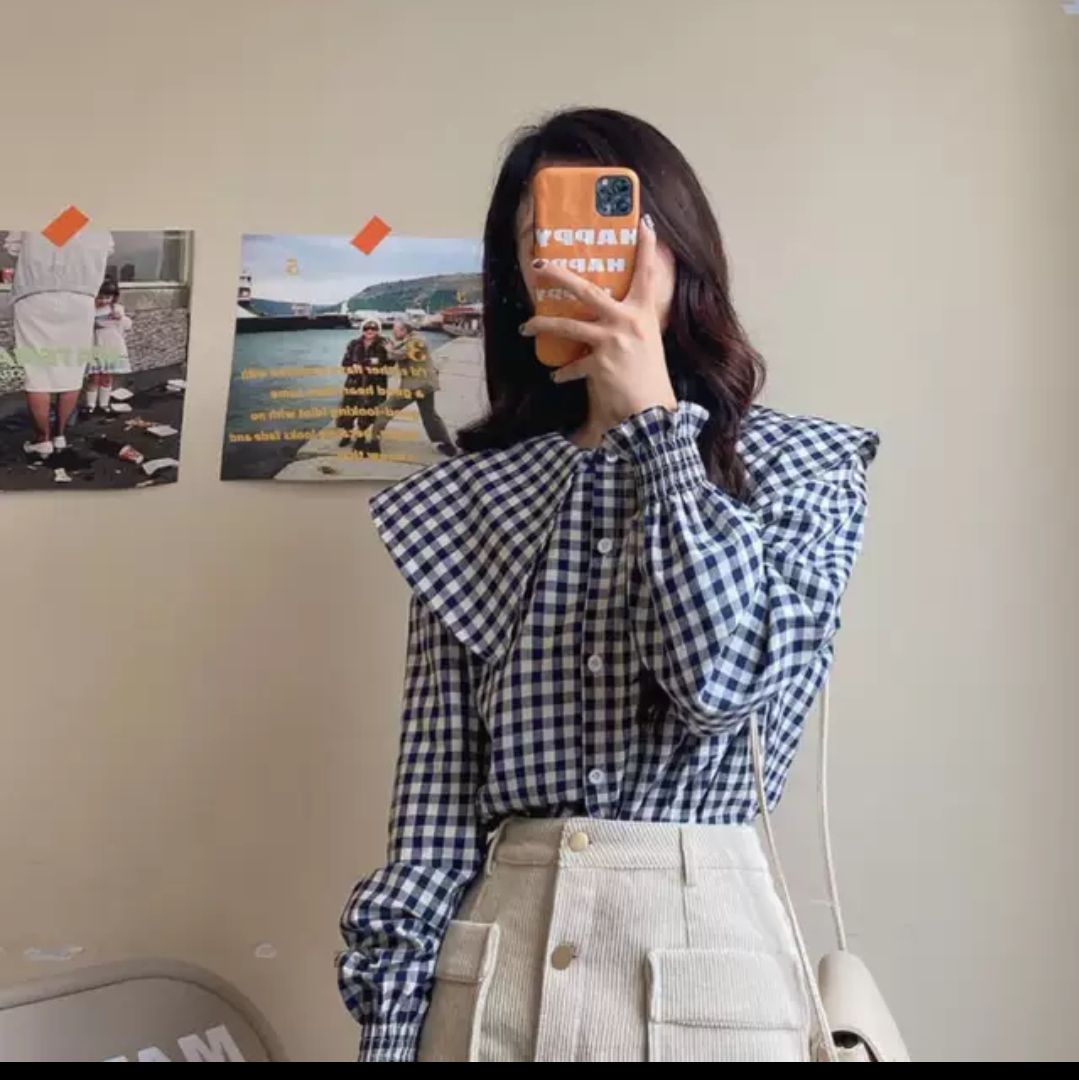 Áo sơ mi kẻ caro cổ lá ảnh thật