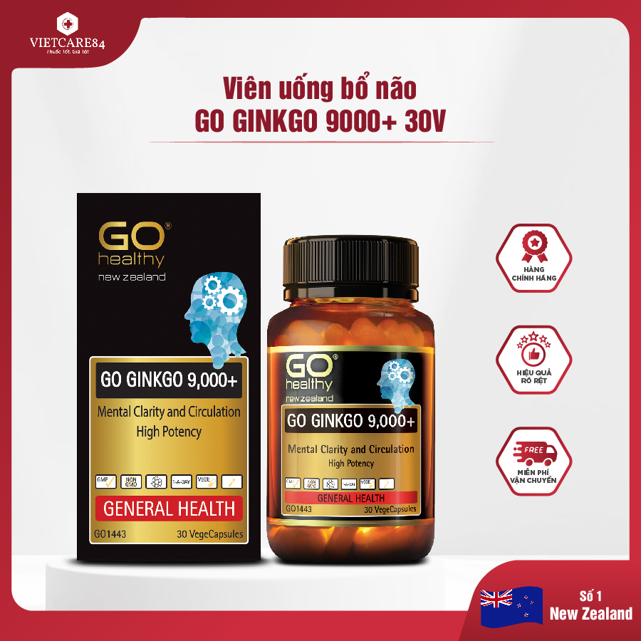 Viên uống bổ não New Zealand GO GINKGO 9000+(30V) | Hỗ trợ tăng cường tuần hoàn não, cải thiện trí nhớ, tăng khả năng tập trung