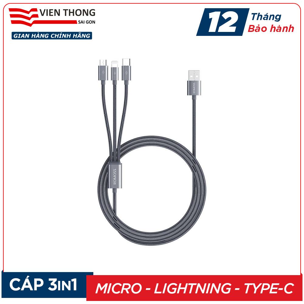Cáp sạc nhanh romoss cb25a 3in1 usb to lightning / type c / micro usb dài 1.5m