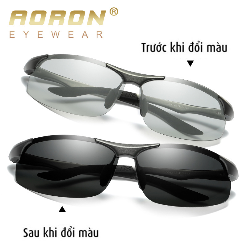 Kính mắt đổi màu đi ngày đêm Cao cấp Aoron A8003 mắt phân cực tròng polaroid chống UV 400 gọng nhôm magie siêu nhẹ