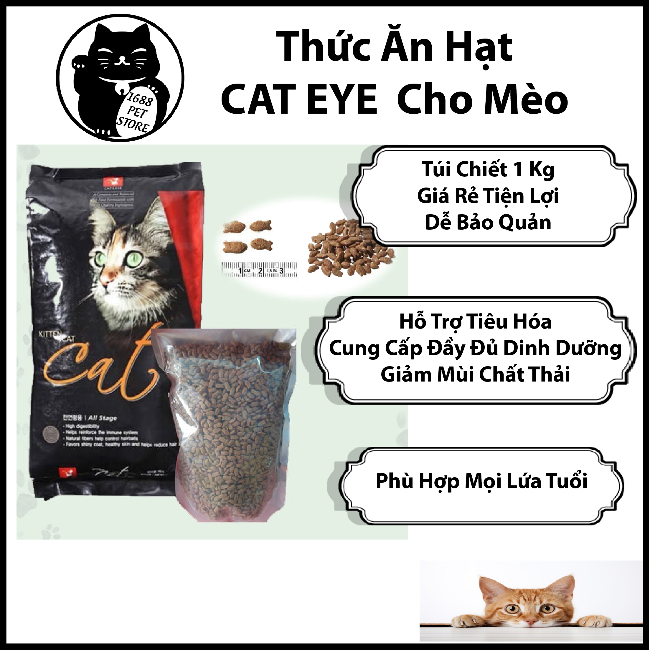 Thức Ăn Hạt Cateye 1kg Cho Mèo - Hạt Catseye 1kg, Cat'seye 13,5kg, Cateyes 5kg -Túi Zip Date Luôn Mới - 1688PetStore