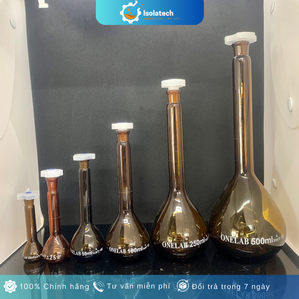 Bình định mức nâu nút nhựa 10ml 25ml 50ml 100ml 250ml 500ml 1000ml, 2000ml hãng onelab
