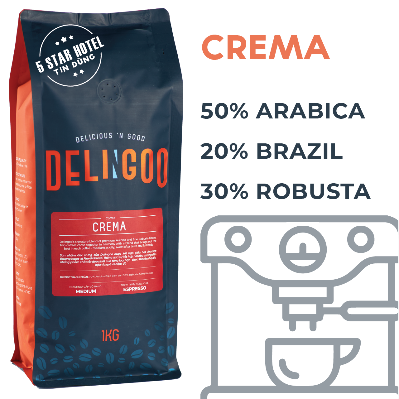 Cà phê hạt nguyên chất pha máy arabica cầu đất, arabica brasil, robusta honey delingoo coffee gói 1 kg