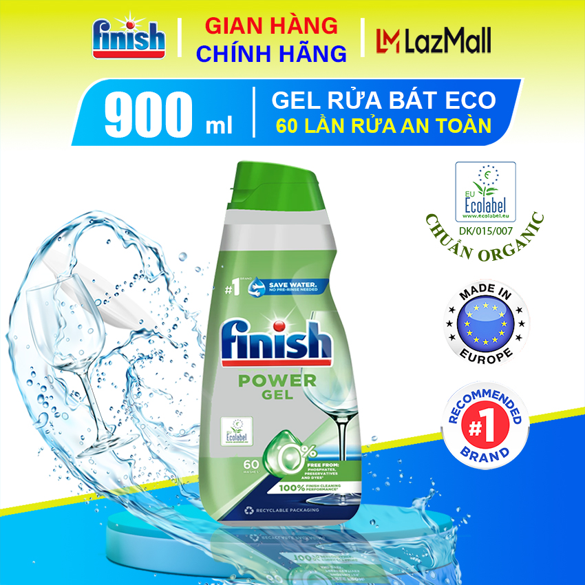 Gel rửa bát Finish hữu cơ 0% ECO organic 900ml. Gel Finish rửa chén bát nhanh tan an toàn nguyên liệu tự nhiên không hóa chất 900 ml Laz Mall