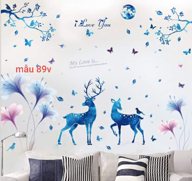 Tranh decal dán tường mẫu hươu xanh hoa cánh xanh 2mx2m