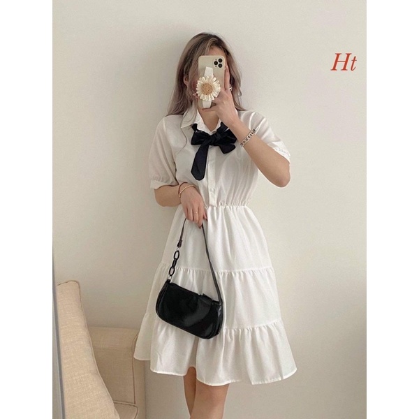 Váy trắng babydoll nữ vintage cộc tay buộc nơ cổ sơ mi