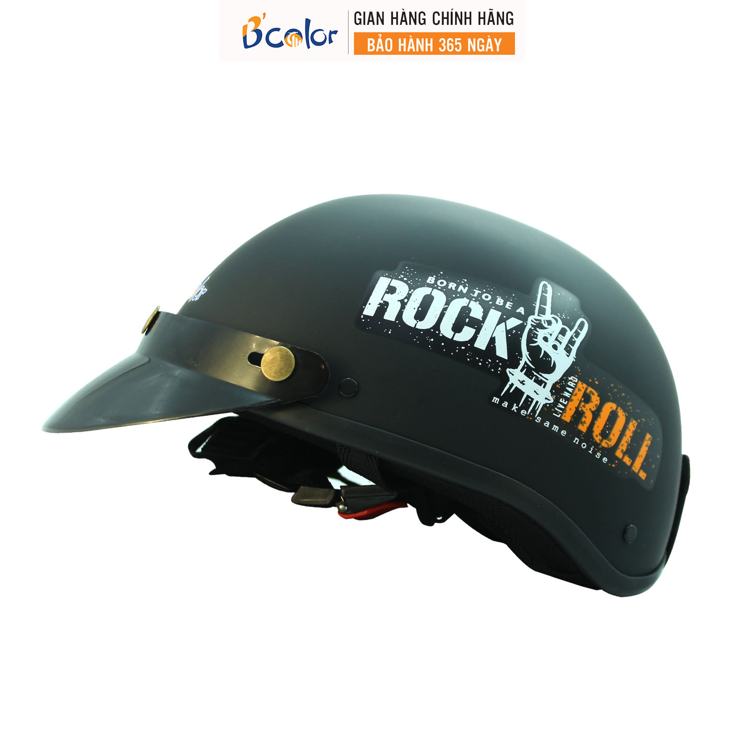 Mũ Bảo Hiểm B'color Loại Nửa Đầu Màu Đen Có Chữ Rock Roll Kèm Lười Trai