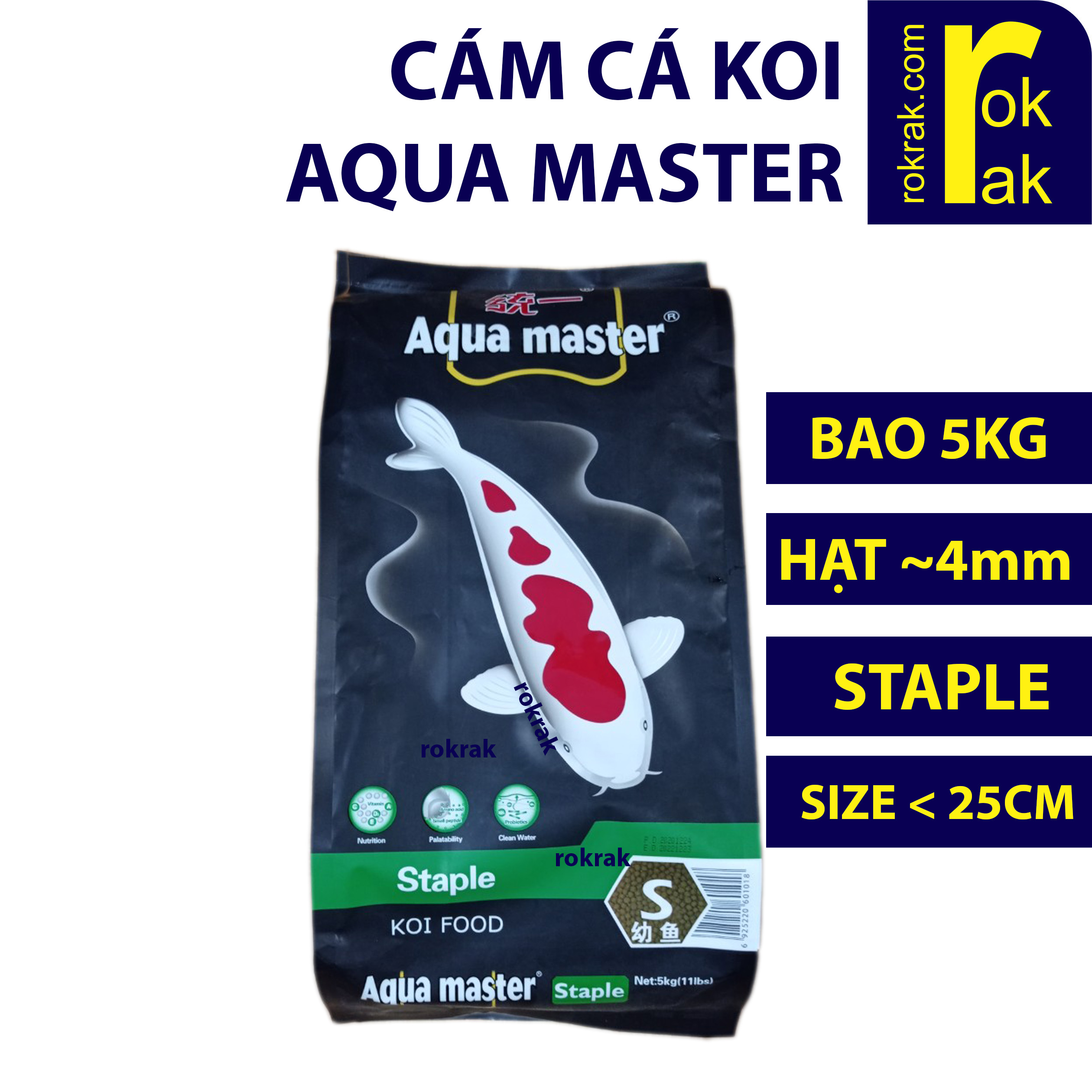 Thức ăn cho cá Koi Aqua Master 5Kg Staple S hạt ~4ly (bao nguyên 5kg aquamaster)