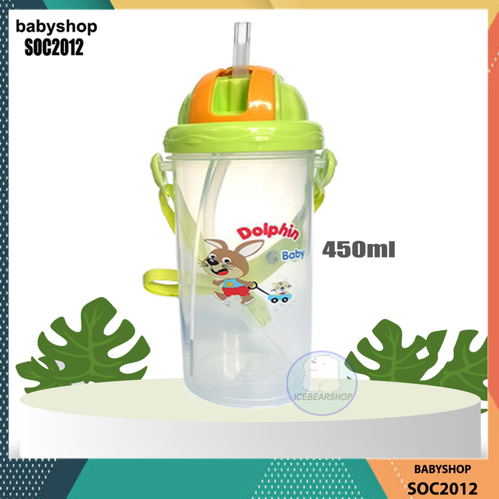 Bình tập uống nước cho bé có ống hút Dolphin 450ml 240ml nhựa PP không BPA