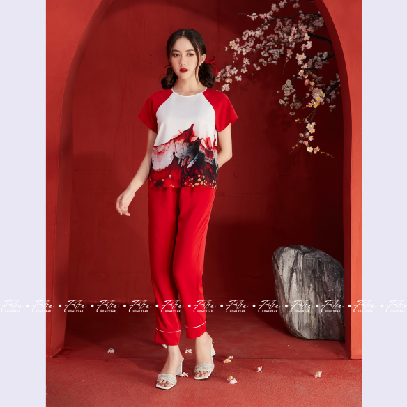 Folie homewear - set đồ mặc nhà áo tay ngắn quần dài họa tiết màu loang -đỏ -lụa tằm ý set fb111.5