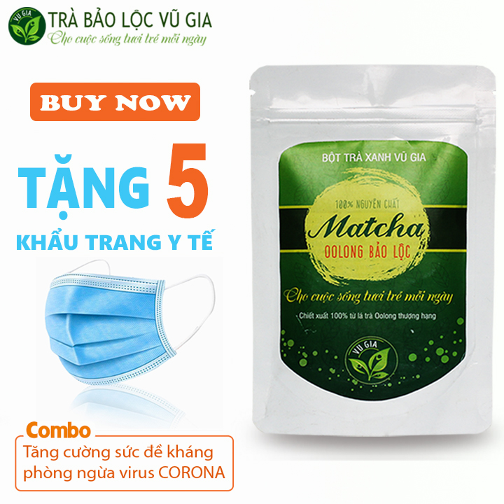 Matcha Oolong Sấy Lạnh Nguyên Chất Vũ Gia (50g/túi) + Tặng 5 Khẩu Trang Y Tế - Pha uống, dưỡng da đắp mặt nạ, căng mịn hồng hào tái tạo da - Đã được kiểm nghiệm y tế