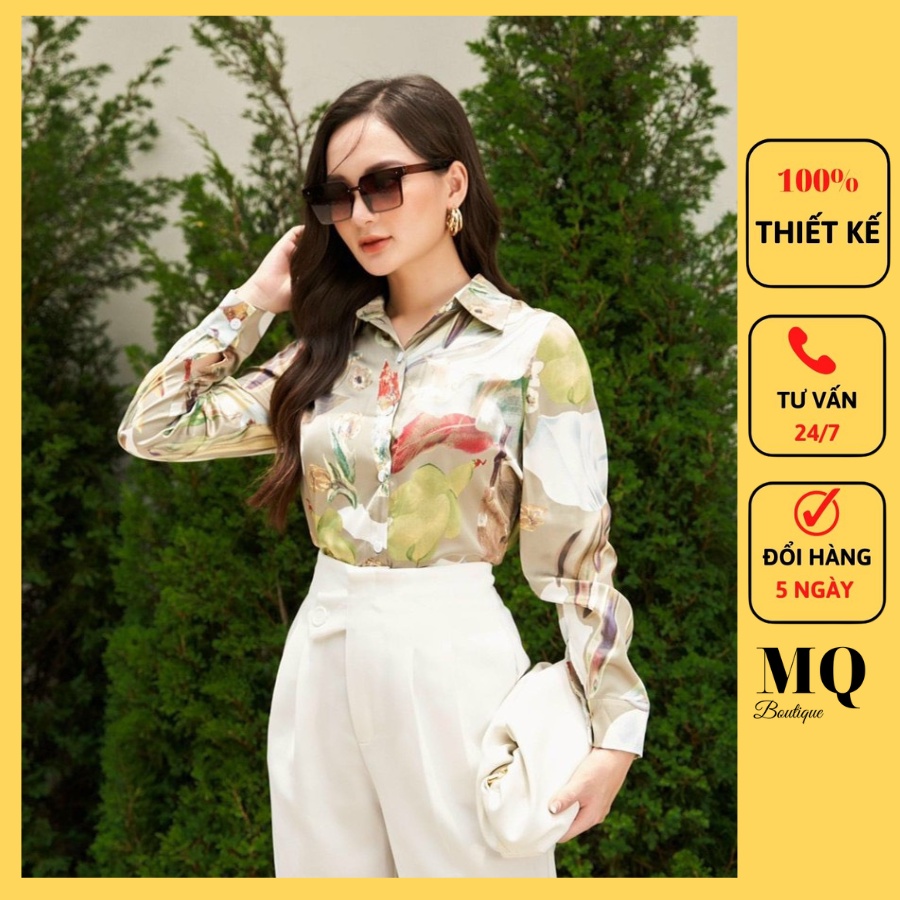 Áo sơ mi nữ lụa dài tay công sở họa tiết hoa lá màu xanh , áo sơ mi họa tiết thiết kế MQ Boutique