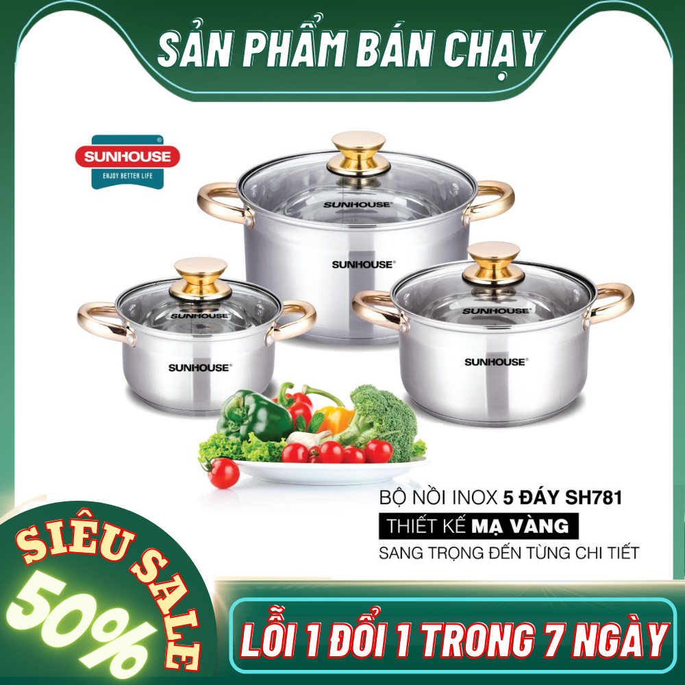 Bộ nồi đáy từ inox 5 đáy Sunhouse SH781 (16-20-24cm) - Bộ 3 xoong nổi inox cao cấp tay lắm mạ vàng