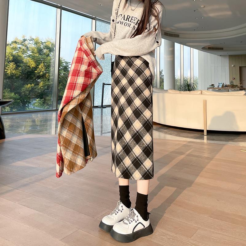 Chân váy dạ tweed T01 chữ A kẻ caro lưng cạp cao dáng dài phong cách hàn quốc