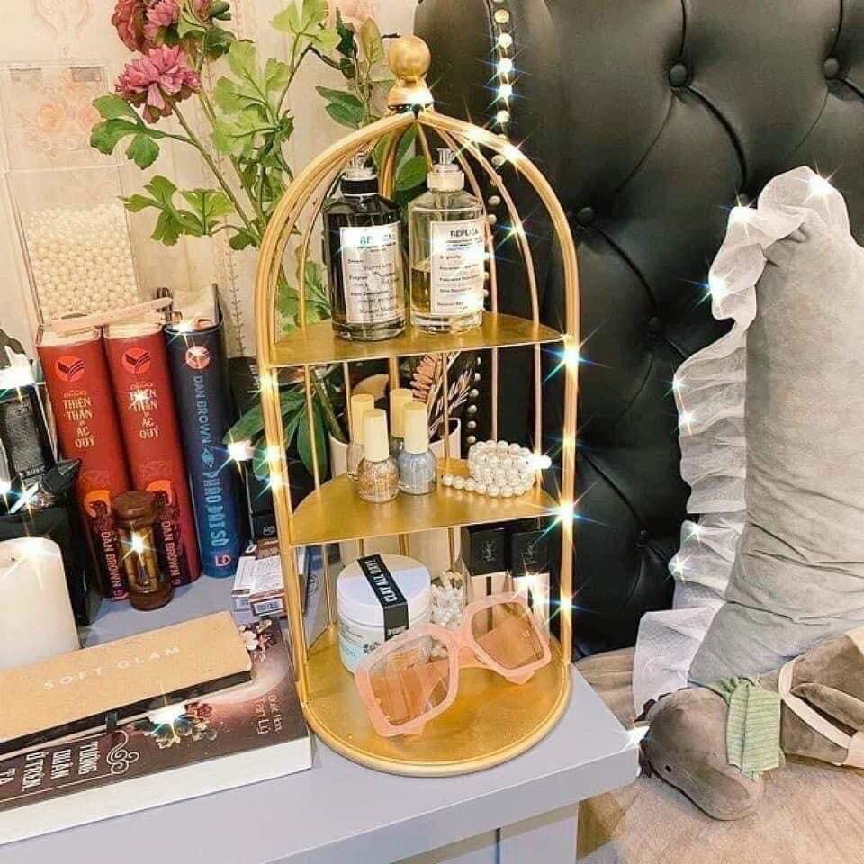 [ CHẤT LIỆU KIM LOẠI CHẮC BỀN ] - Kệ đựng mỹ phẩm hình lồng chim 3 tầng siêu xinh để bàn phòng khách phòng ngủ màu vàng sang trọng bắt mắt