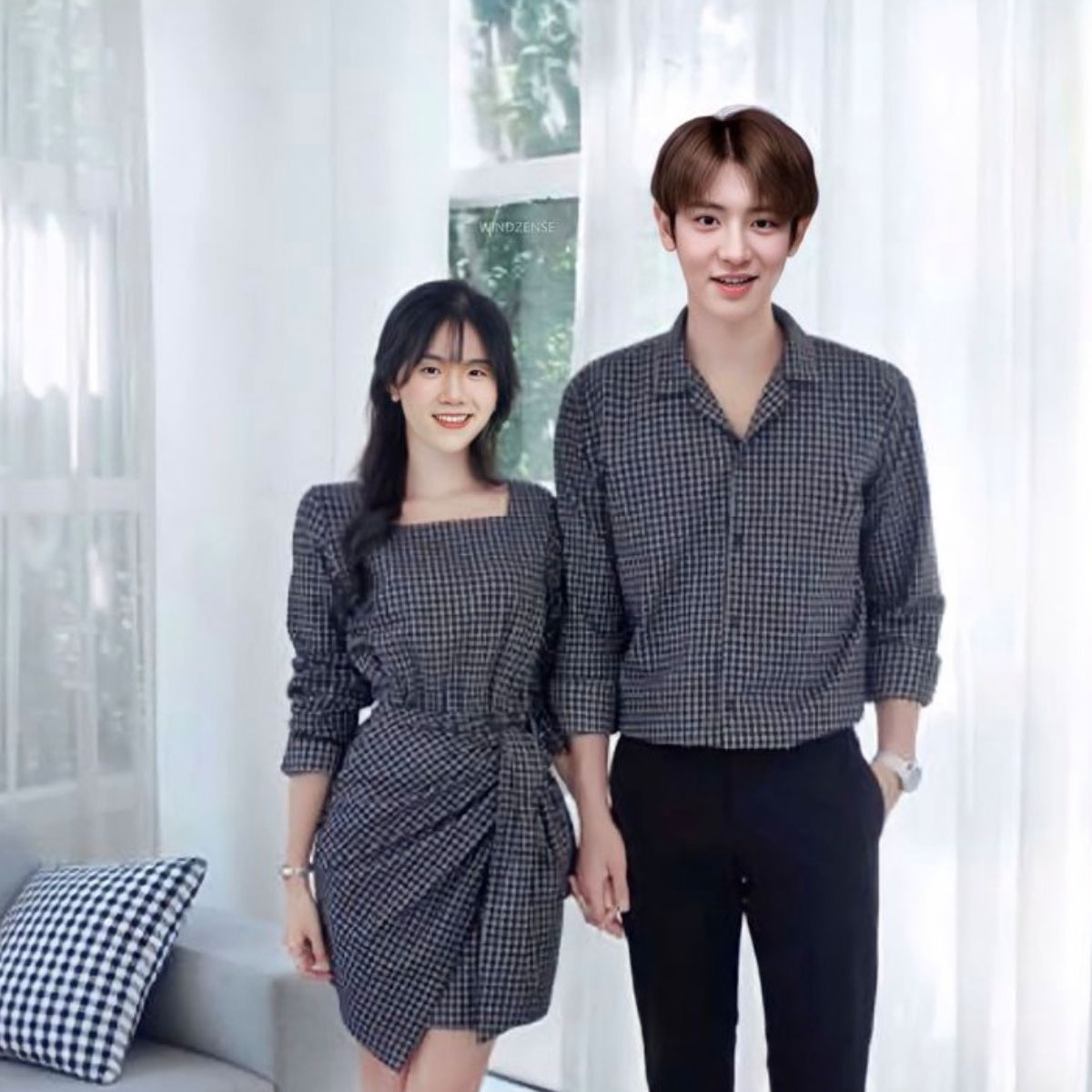Đồ đôi nam nữ cách điệu, form đẹp phối cùng sơ mi nam tay dài
