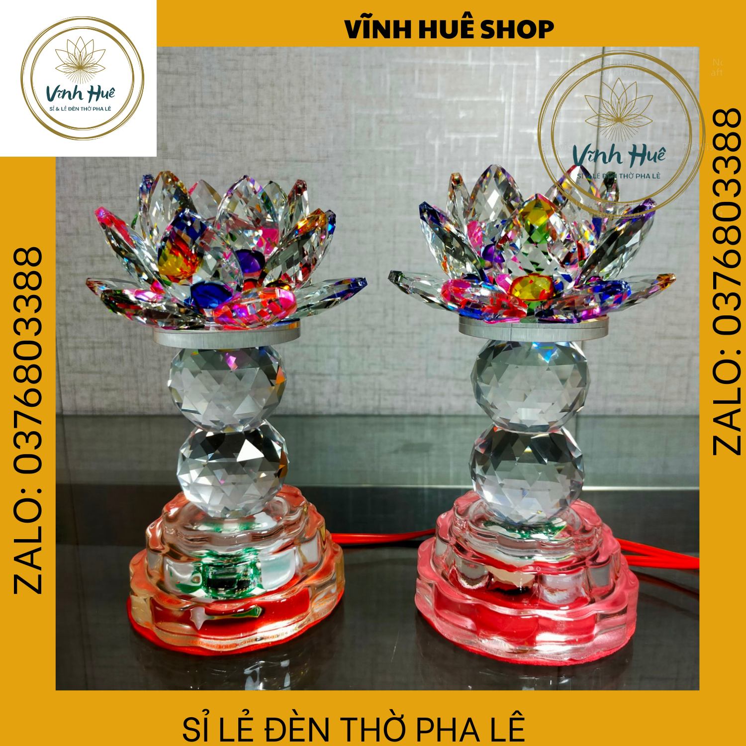 Đèn hoa sen pha lê. Đèn để bàn thờ, mạch led 7 màu . Đèn Thờ Cúng