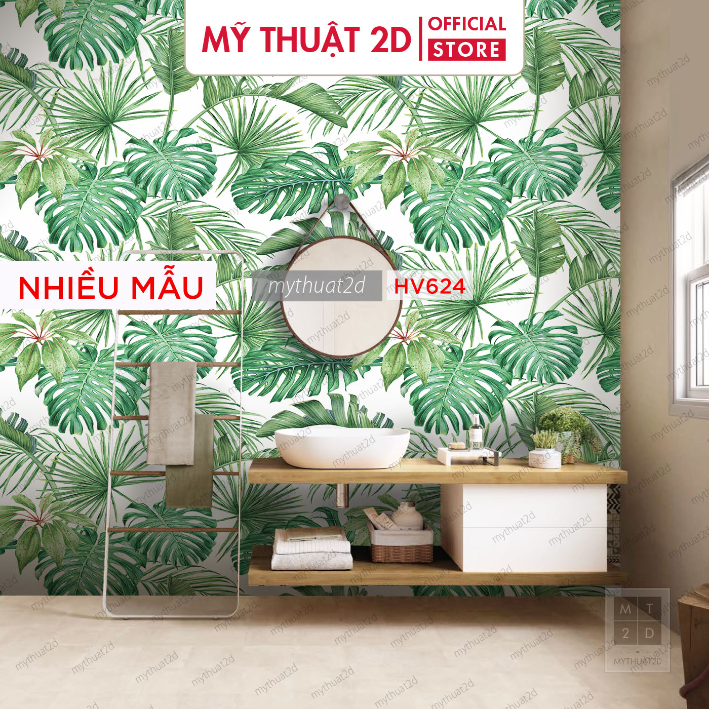 Decal gạch bông dán nhà tắm, bếp, tường, hoạ tiết lá cây Tropical Forest