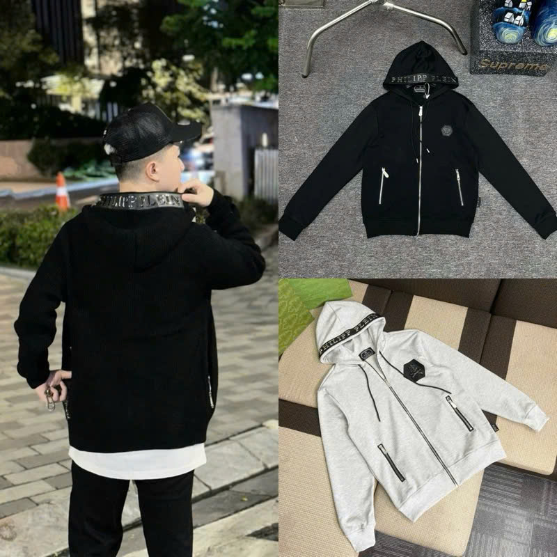 Áo khoác hoodie zip nam nữ chất nỉ chân cua thêu logo sắt phối viền mũ vạch da tag chữ