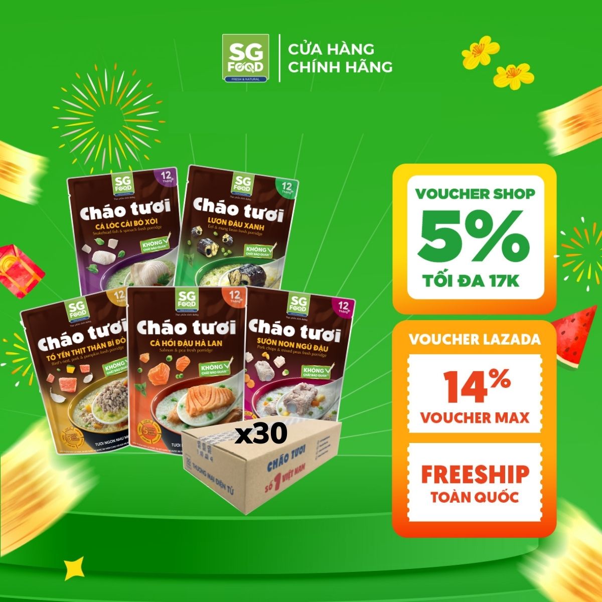  Thùng 30 Gói Cháo Tươi Sài Gòn Food Mix Vị  Tổ Yến Thịt Thăn Sườn Lươn Cá Lóc Cá Hồi  