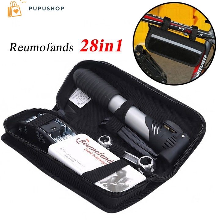 Pupushop [HCM]Bộ Túi Dụng Cụ Sửa Chửa Xe Đa Năng Reumofands 28in1 Kèm Ống Bơm Tay Mini Gắn Sườn Xe Đạp.