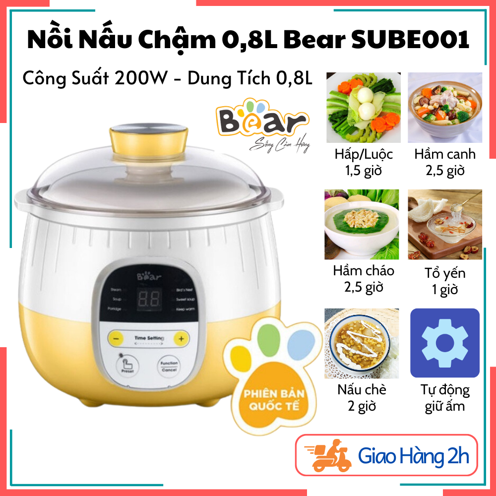 Nồi nấu cháo chậm bear 0,8l sube001 cho bé ăn dặm - nấu cháo, hầm, hấp, chưng yến giữ trọn chất dinh dưỡng cho bé - hàng quốc tế