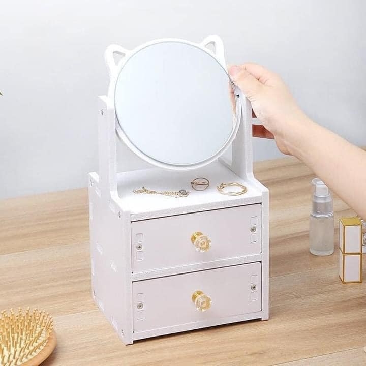 Kệ Đựng Đồ Mỹ Phẩm Mini 2 Ngăn Có Gương Hình Tai Mèo Dễ Thương-Kệ mỹ phẩm 2 ngăn có gương hình mèo-Kệ mỹ phẩm để bàn 2 ngăn có gương hình mèo-Kệ tai mèo kèm gương đựng mỹ phẩm