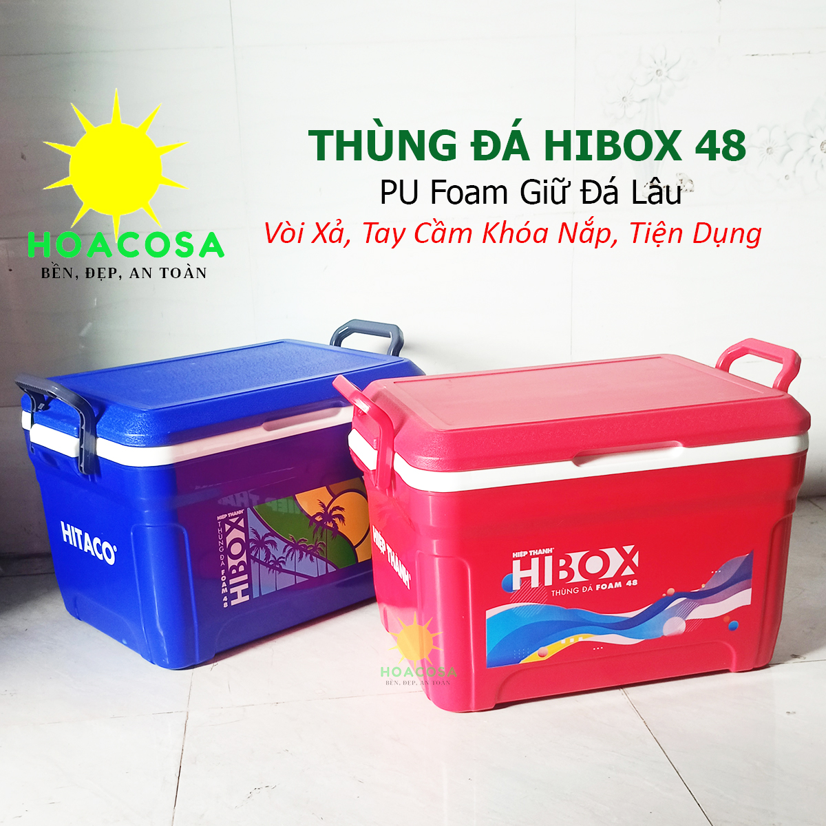 Thùng đá hibox 48l foam nhựa hiệp thành- vòi xả, tay cầm khóa nắp, giữ đá lâu, đồ gia dụng hoacosa