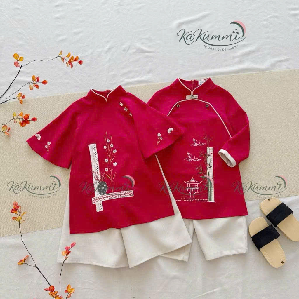 Áo dài mặc tết đôi cho bé trai bé gái, áo dài bé gái áo dài bé trai chất nhung quần lụa mềm 8-26kg
