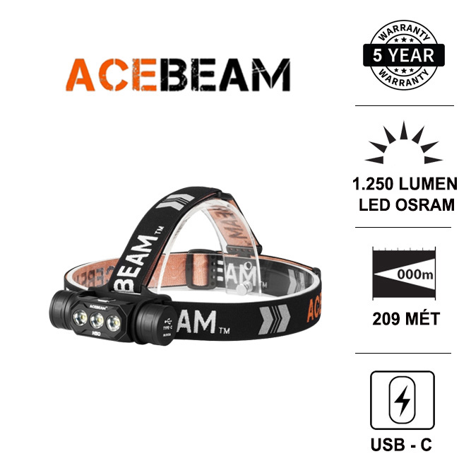 ACEBEAM H50 - Đèn đeo đầu 3 LED Osram độ sáng 1250 lumen chiếu xa 209m sạc usb type C sử dụng 01 pin 18650 (không kèm theo)