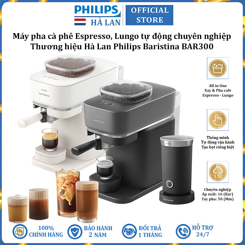 Bộ máy pha cà phê và máy đánh sữa tạo bọt Espresso, Lungo tự động chuyên nghiệp thương hiệu Philips Baristina BAR300 - Bảo Hành 24 Tháng
