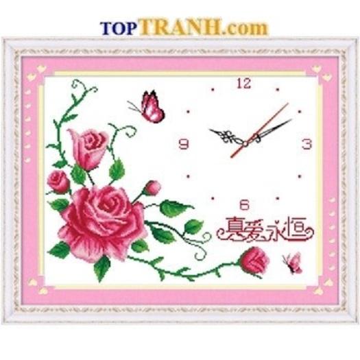 tranh thêu đồng hồ hoa hồng