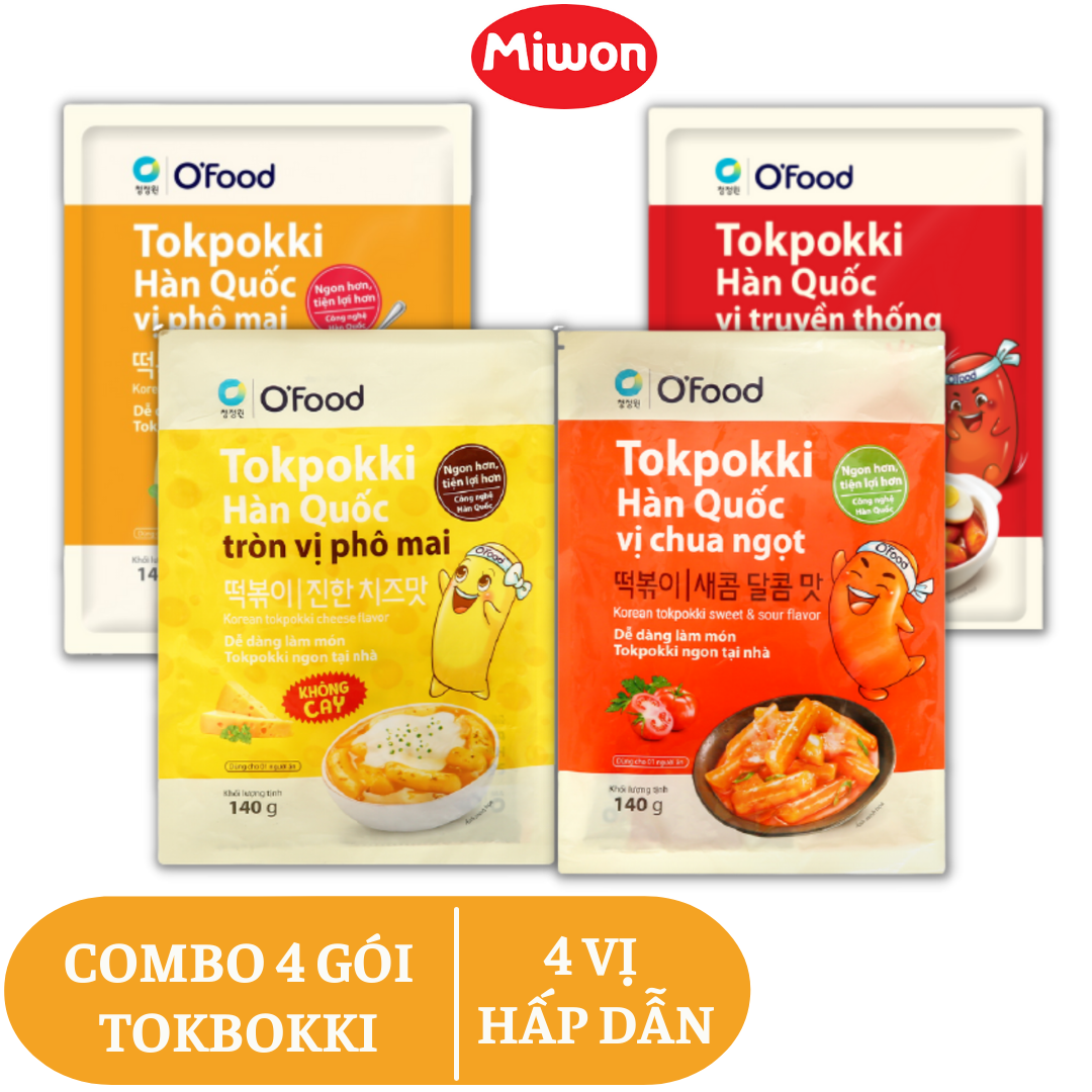 [COMBO Tiết kiệm ] 4 gói Tokbokki Hàn Quốc O'Food 140g 4 vị cay, phô mai, tròn vị phô mai không cay, chua ngọt