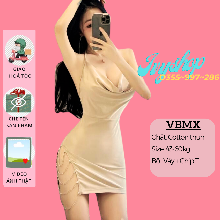 Váy Ngủ 2 Dây Sexy Body Cổ Đổ Xẻ Đùi Phối Dây Kim Loại Gợi Cảm - Đầm Ngủ Body Xẻ tà Gợi Cảm -VB Mắt 